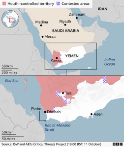 Map showing Houthi-controlled territory in Yemen, as well as Saudi Arabia (11 October 2026)
