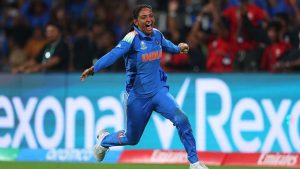 Harmanpreet Kaur of India celebrates after taking the catch to dismiss Nadine De Klerk of South Africa