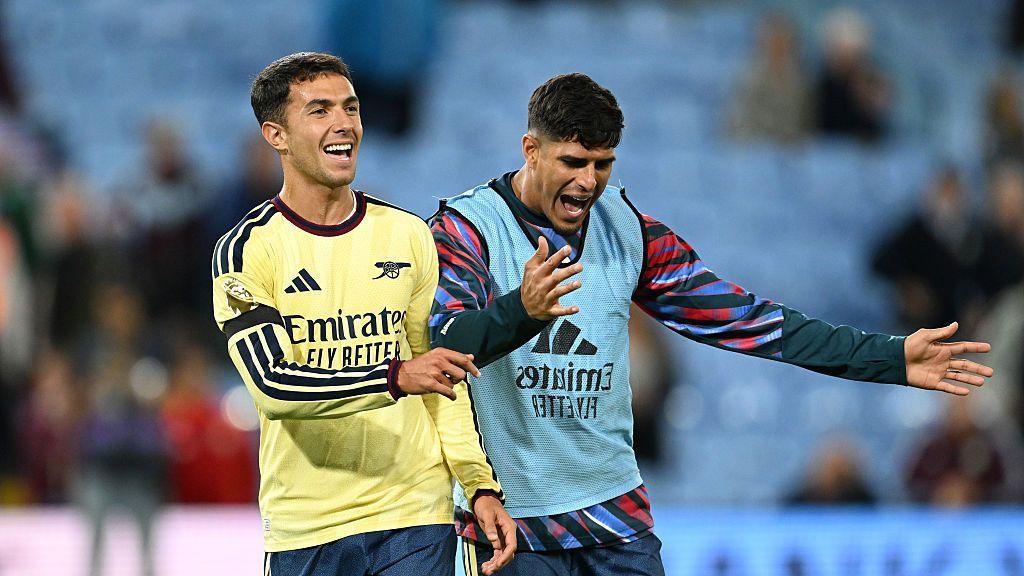 Piero Hincapie and Martin Zubimendi before Arsenal's Premier League match against Aston Villa