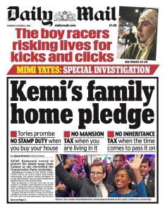 "Kemi's family home pledge" reads the headline on the front page of the Daily Mail.
