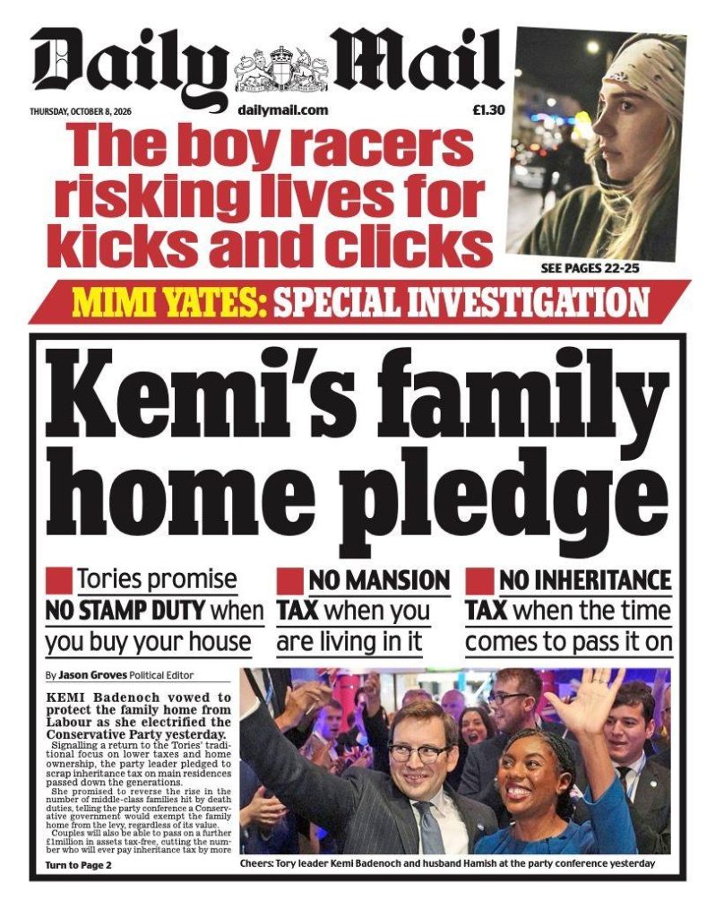 "Kemi's family home pledge" reads the headline on the front page of the Daily Mail.
