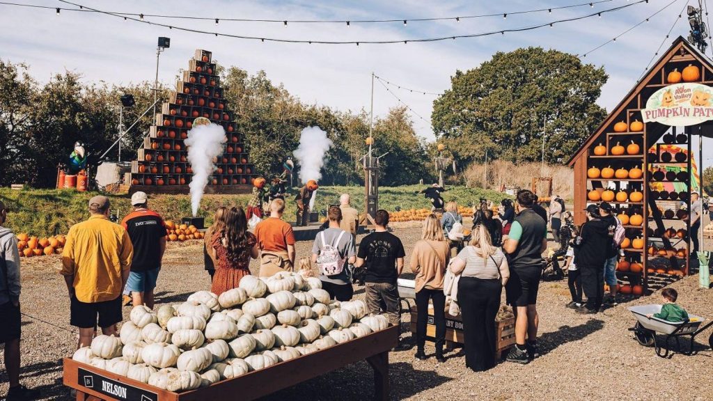 A crowd of people stare at two pumpkin-headed actors, who are putting on a show on an outdoor field. There's pumpkins everywhere, including stacked in a big, tall pyramid structure. It's a cloudy but bright day in the field.