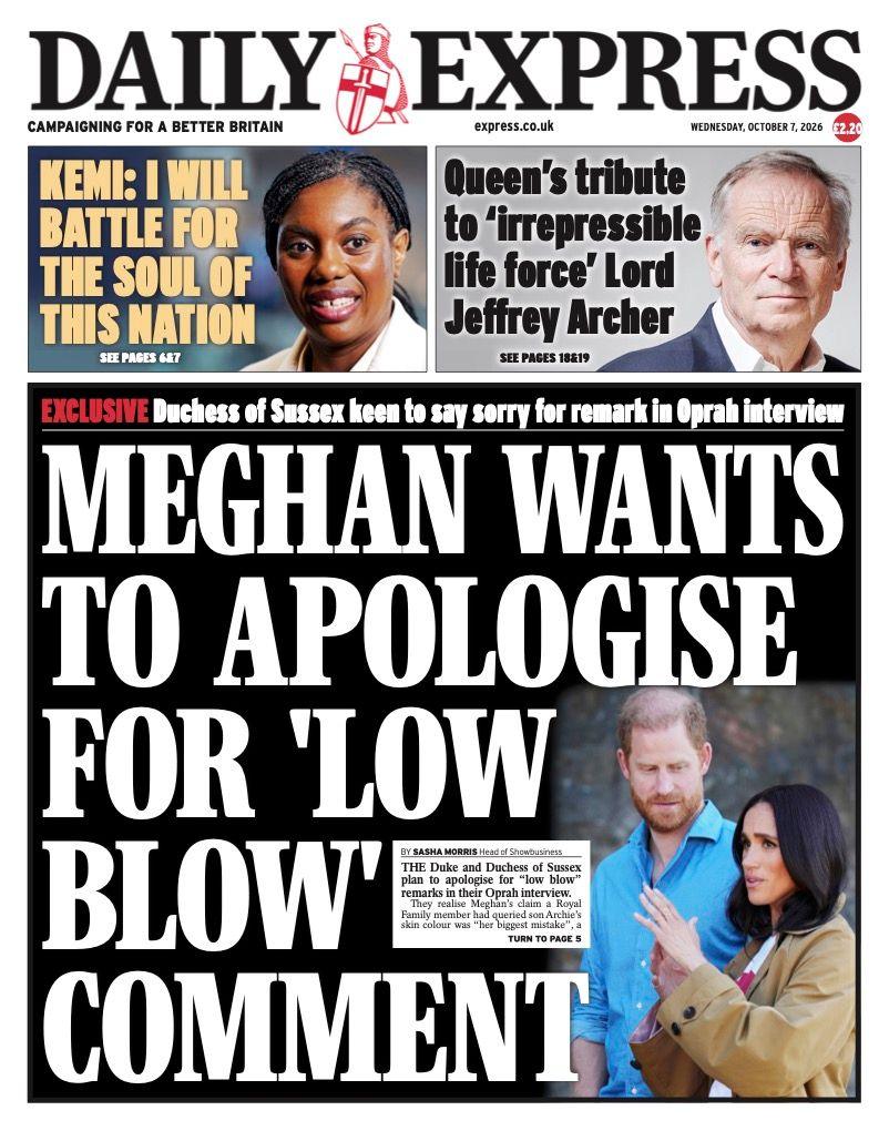 "Meghan wants to apologise for 'low blow' comment" reads the headline on the front page of the Daily Express.
