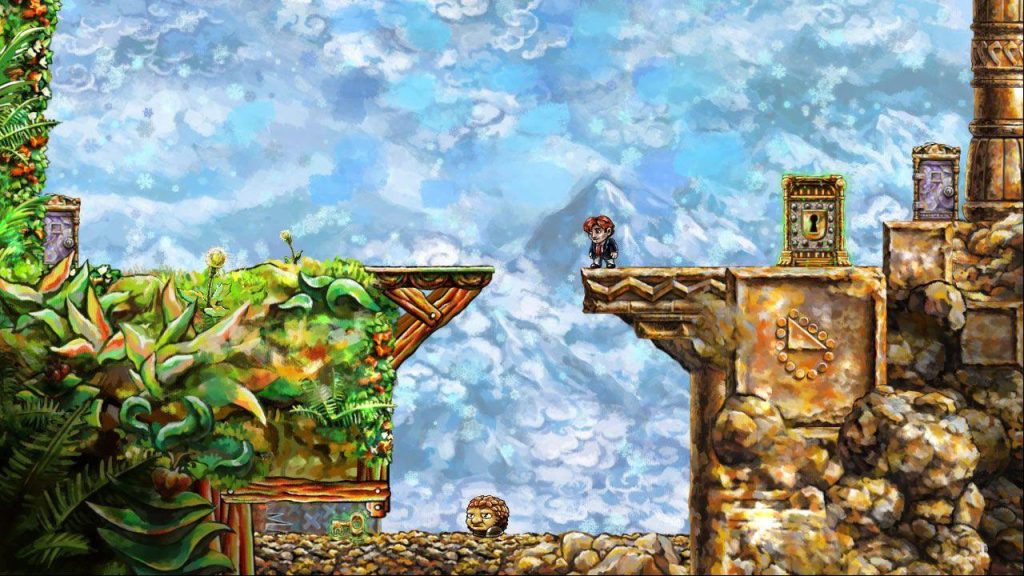A screenshot of the puzzle-platformer Braid, showing the protagonist, a small man with red hair in a suit, standing on a brown platform to the right of a gap. To the left, green shrubbery covers another platform. A door with a lock on it is to the right of the character, with a background of blue and white which resembles the sky.