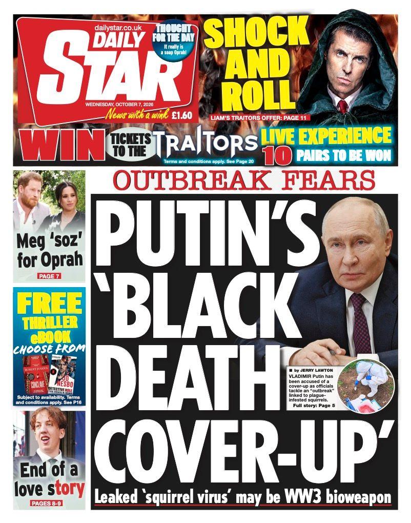 "Putin's 'black death cover-up'," reads the headline on the front page of the Daily Star.